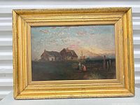 Front view of framed oil painting showing farm scene and frame condition