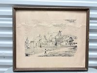 Front view of framed monochrome farm scene print