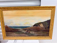 Full view of framed oil painting showing coastal landscape with farmers and cattle