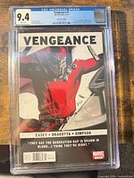 Front of CGC encapsulated Vengeance #1 showing 9.4 grade label and Magneto cover art