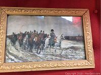 Front view of framed print showing Napoleon on horse leading troops through water