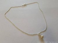 Full view of the silver-toned necklace laid out flat showing chain and pendant