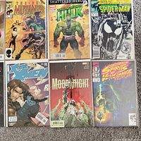 Six comics laid out: The New Mutants, The Incredible Hulk, Spider-Man, Moon Knight, Spirits of Vengeance, X-Treme X-Men
