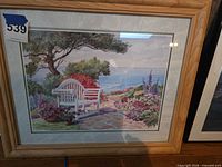 Garden bench coastal print in oak-tone frame