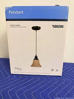 Front of retail box showing Litex CPW216HGB pendant light illustration and model number 580286
