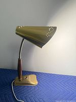 Full view of brass and wood desk lamp standing upright