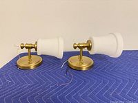 Both brass wall sconces on padded surface showing overall design