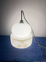 Front view of frosted glass pendant showing daisy pattern, chain, and plug