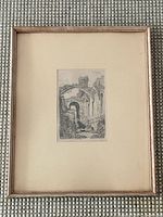 Full view of framed etching with mat and frame