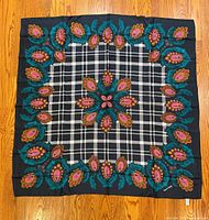 Full view of square scarf laid flat showing overall pattern, colour and condition