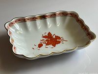 Top angled view of Herend rectangular scalloped dish showing pattern and gold trim