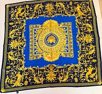 Full view of square Versace silk scarf showing entire baroque design