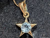 Front view of sterling silver star pendant with blue topaz center
