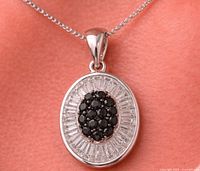 Front view of silver oval pendant on chain