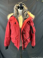 Full front view of red Canada Goose Chilliwack bomber on mannequin