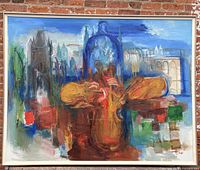 Frontal view of large framed oil painting showing composition, colors and signature