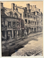 Front view of graphite artwork showing architectural street scene and artist signature