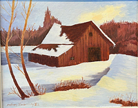 Close view of painting showing barn, snow, artist signature