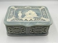Top view of jewelry box showing cameo panel and relief border