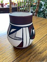 Front view showing painted geometric pattern and vessel form