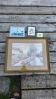 Overall lot showing framed print and two unframed drawings