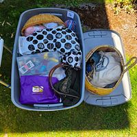 Two grey totes with yarn, organiser box, green handbag, wicker basket