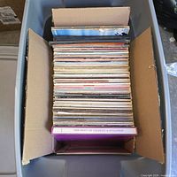 Top view showing full tote of vertically packed LPs