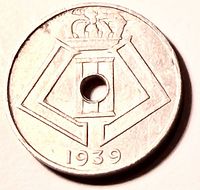 Obverse with crowned double L monogram, central hole, date 1939