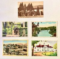 Fronts of all five postcards displayed
