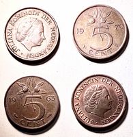 Obverse and reverse of four Netherlands 5 cent coins showing portrait and denomination sides