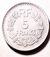 Reverse with RF 5 FRANCS 1947 denomination inside laurel wreath