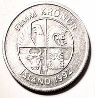 Obverse showing guardian spirits, coat of arms, legend FIMM KRÓNUR ISLAND 1992