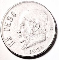 Reverse showing José María Morelos bust, UN PESO, 1971