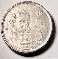 Obverse of Mexico 1988 100 Pesos coin with Carranza portrait, denomination and date