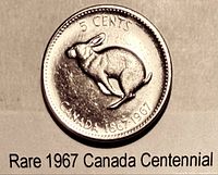 Reverse side showing running rabbit design with inscriptions 5 CENTS CANADA 1867-1967