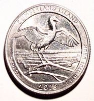 Reverse of 2018 Cumberland Island quarter showing snowy egret and inscriptions
