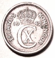 Obverse of coin displaying crowned CX monogram, ISLANDS KONUNGUR legend, date 1942