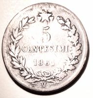 Reverse showing 5 CENTESIMI, wreath, date 1861, mintmark M