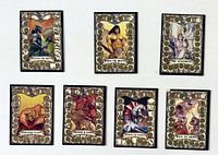 Front view of seven BattleCards showing artwork and scratch-off dots
