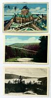 Fronts of the three postcards stacked: Chateau Frontenac (color), Saguenay River (color), Madelaine Mountains (black-and-white)
