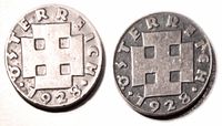 Obverse view of both 1928 2 Groschen coins showing Cross Potent and legends
