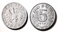 Both sides of 1957 5 Groschen coin showing obverse coat of arms and reverse denomination