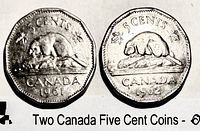 Reverse sides of 1961 and 1962 5-cent coins showing beaver design and dates