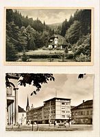 Fronts of both postcards showing forest chalet scene and Kehl Rathausplatz town square