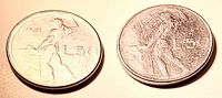 Both coin reverses with Vulcan design and L.50 denomination
