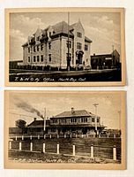 Fronts of both postcards showing railway station and office images