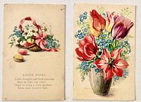 Fronts of both postcards showing basket design and floral still life