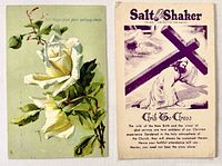 Fronts of both postcards: lily chromolithograph and purple "Salt Shaker" Christ image