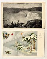 Fronts of both postcards: Niagara Falls halftone above, Danish Christmas chromolithograph below