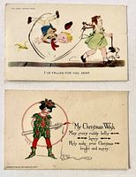 Fronts of both postcards showing illustrations and captions